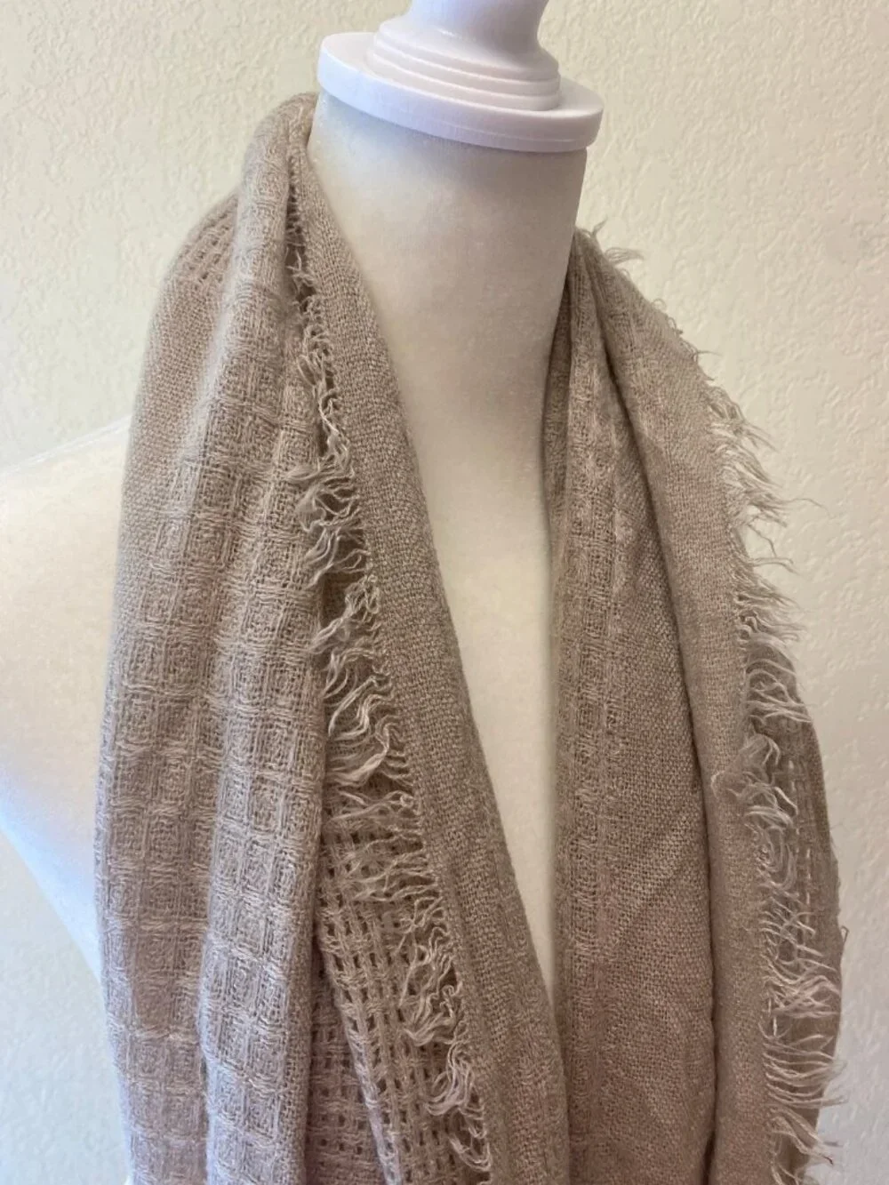 Light Brown Tan Crinkled Infinity Scarf Frayed Edge 100% Acrylic Soft Boho